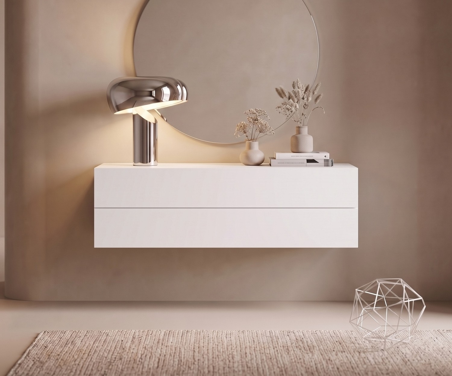 Cassettiera sospesa bianca Easy di Novamobili Cassettiera sospesa Novamobili Easy bianca per l'ingresso, mobile moderno sospeso con specchio rotondo e lampada di design.