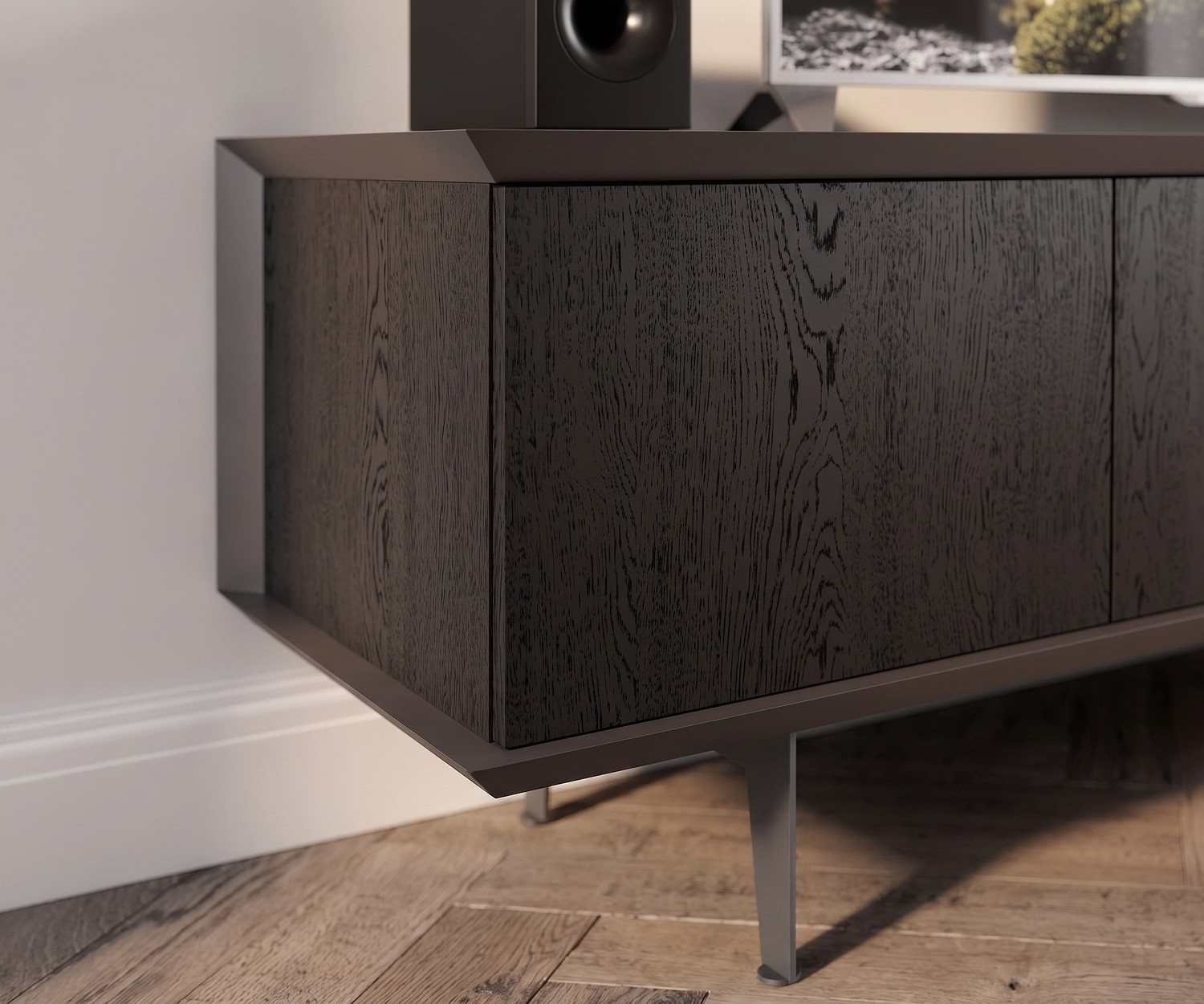 Mobile TV lowboard Ozzio Brera in legno rovere nero carbone con eleganti piedini in metallo per il soggiorno moderno.