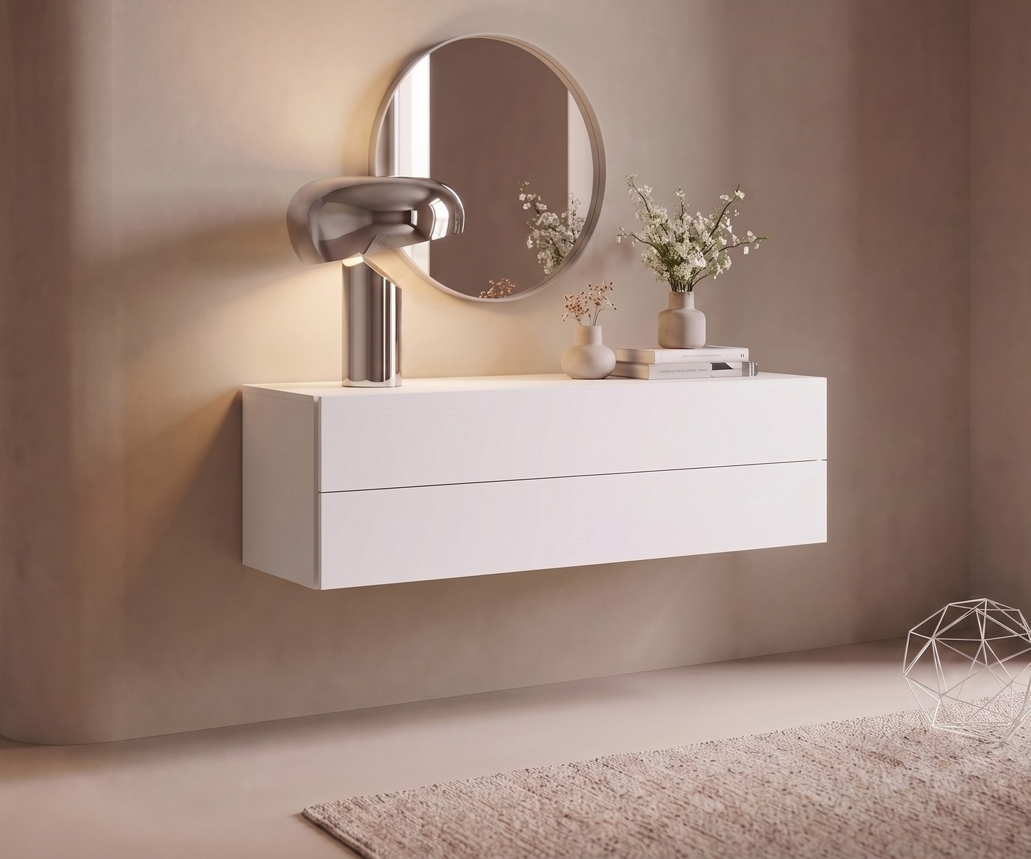 Cassettiera sospesa bianca Easy di Novamobili Cassettiera sospesa Novamobili Easy per ingresso, madia sospesa bianca dal design moderno e minimalista