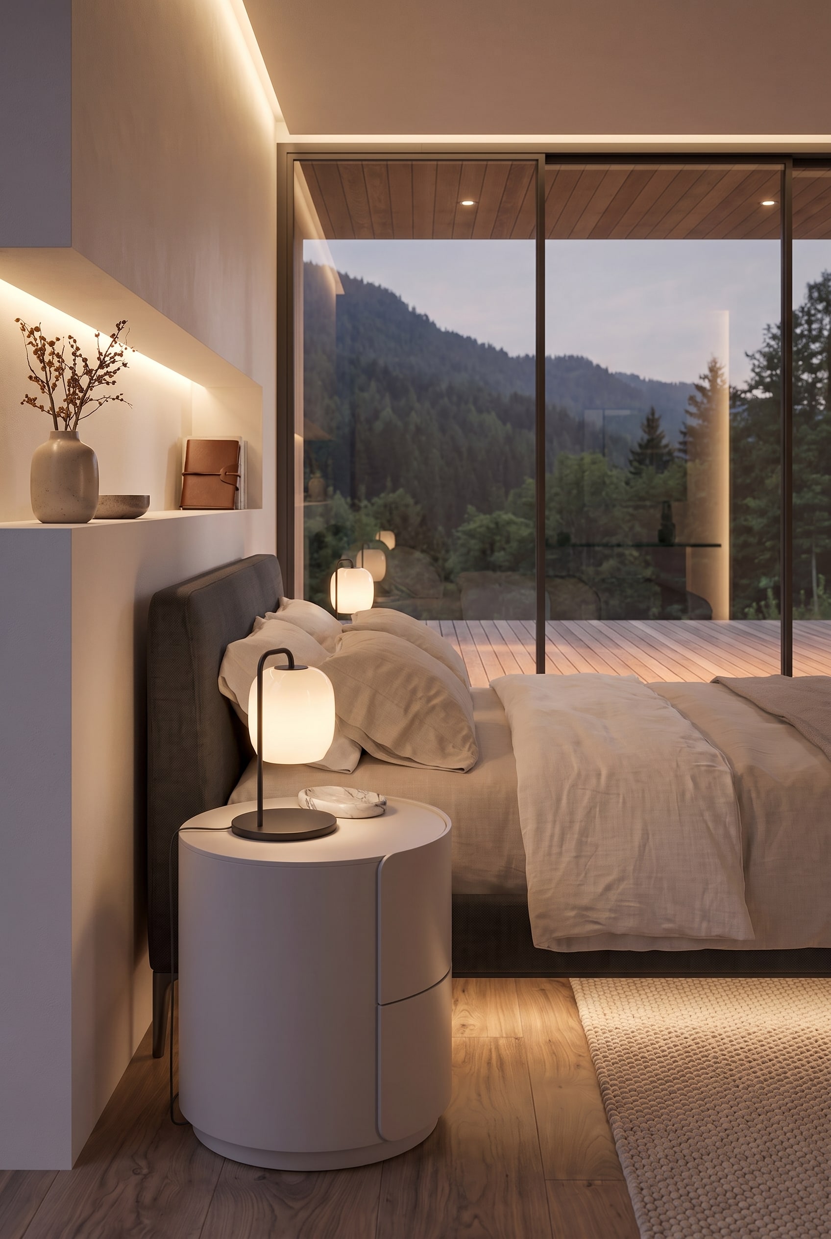 Runder Livitalia Nachttisch im Schlafzimmer vor einem gro&szlig;en Panoramafenster mit Blick auf einen Wald.