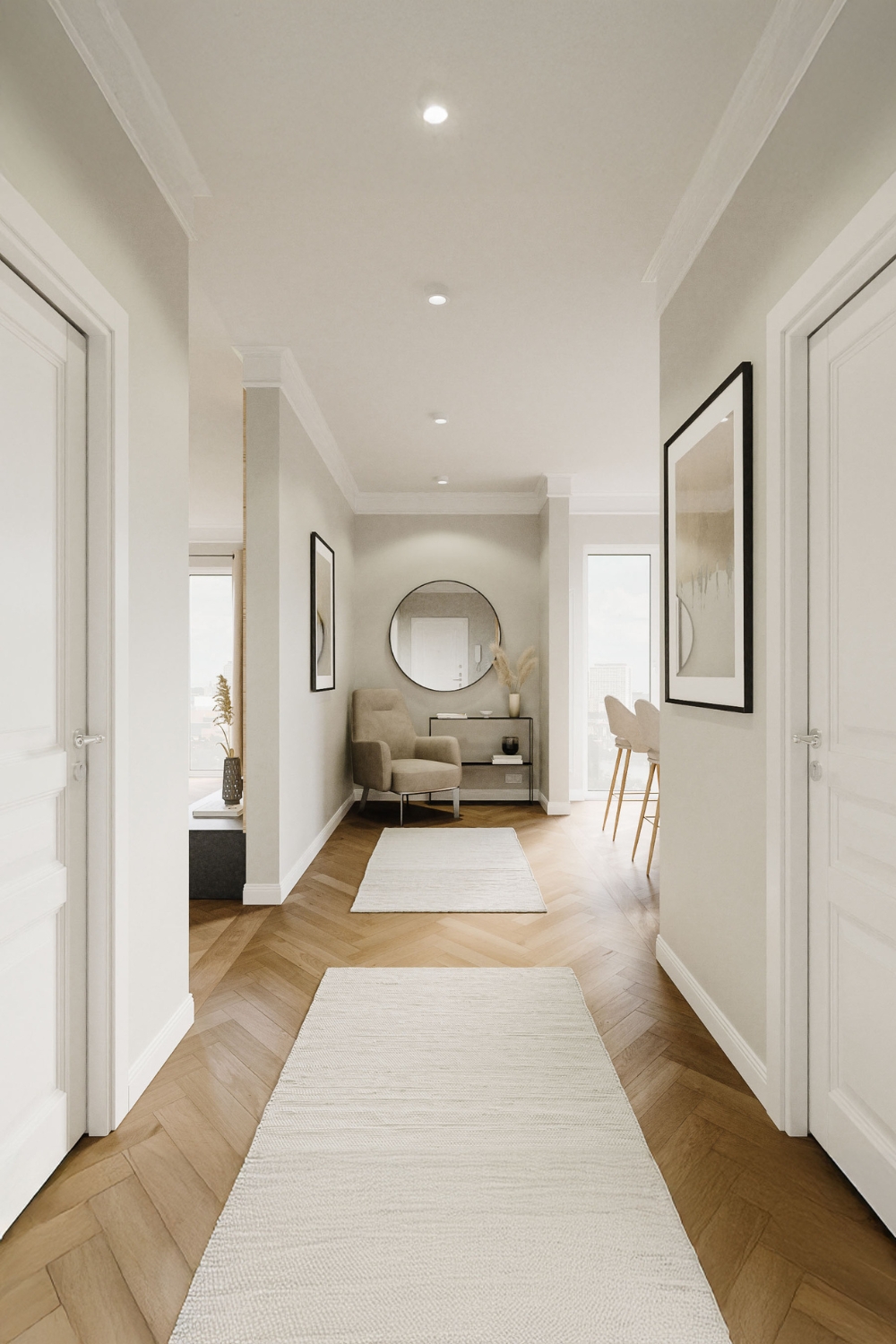 lungo-ingresso-luminoso-con-elegante-consolle-specchio-rotondo-e-poltrona-imbottita