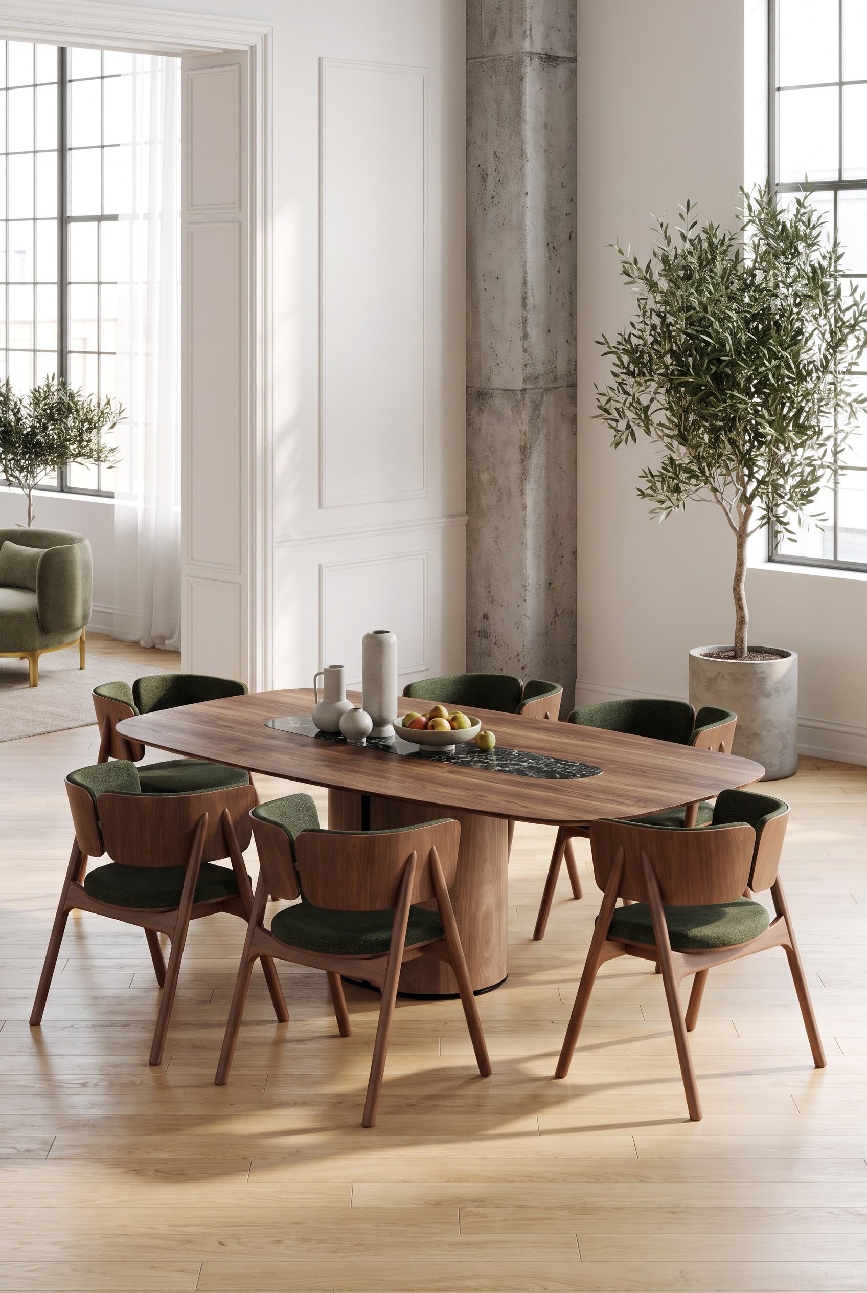 Loft Esszimmer mit massivem Nussbaum Esstisch