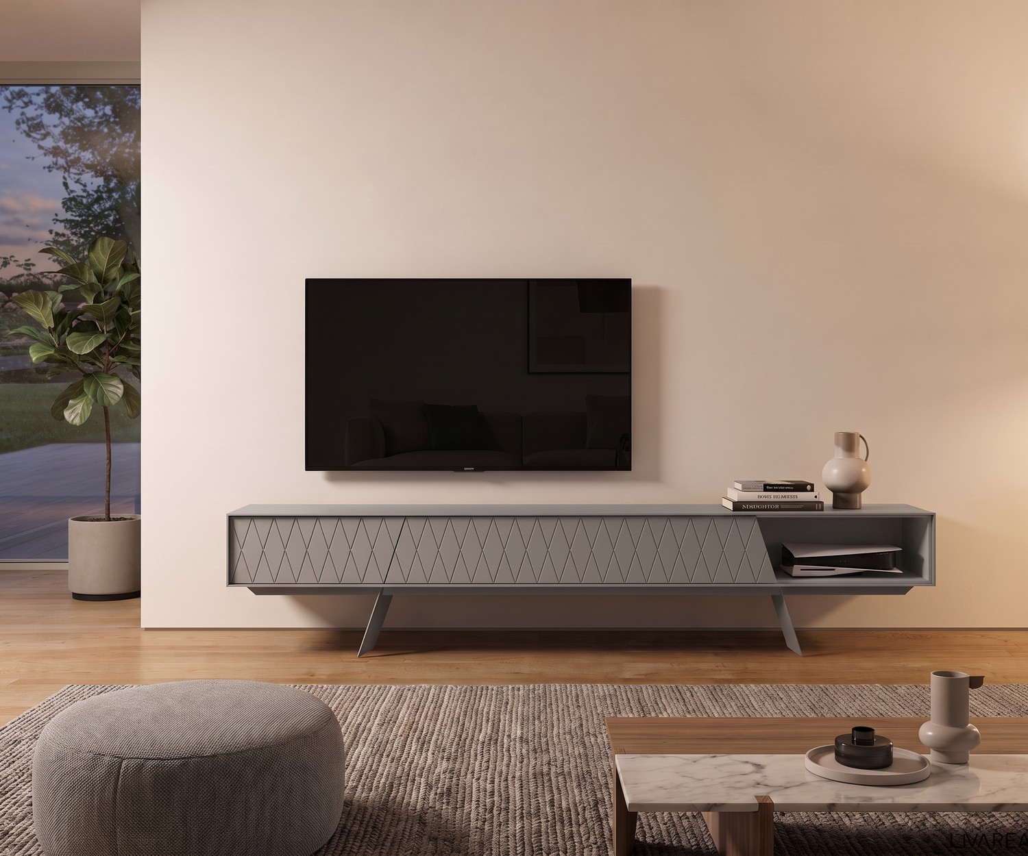 Mobile TV di design e-klipse 008 con motivo a rombi Mobile TV basso al2 e-klipse 008 in soggiorno. Porta TV grigio moderno con motivo a rombi ed eleganti piedini.