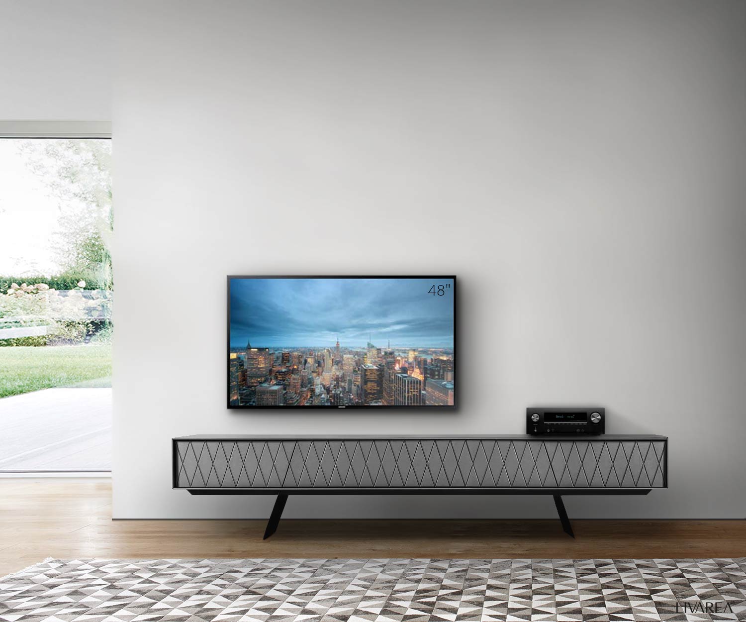 Credenza di design per TV di al2 con frontale in grigio scuro in soggiorno