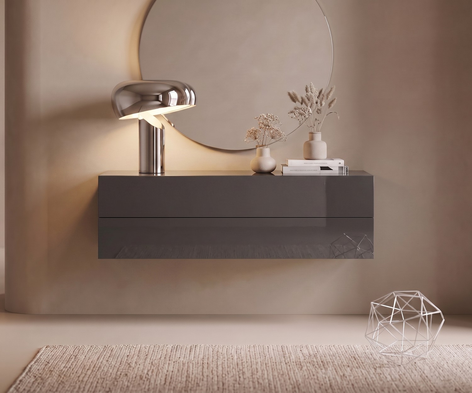 Cassettiera sospesa Novamobili Easy grigio quarzo Cassettiera sospesa Easy di Novamobili per l'ingresso, moderna madia a muro grigio quarzo lucido con lampada e specchio.