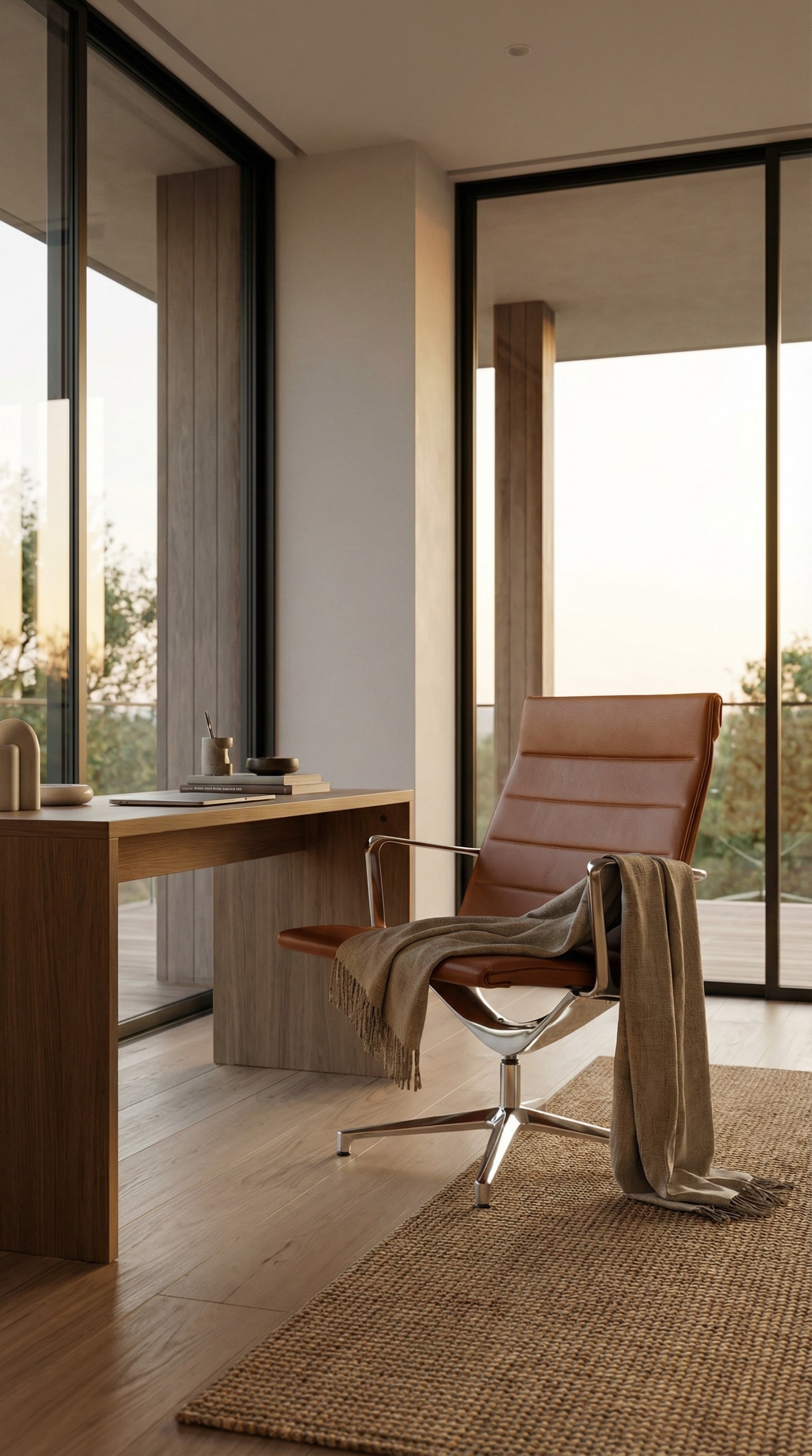 Un'elegante area Home Office nel soggiorno con una sedia da ufficio lounge di alta qualità in pelle color cognac, posizionata davanti a una scrivania in legno massello di stile. Un'elegante area Home Office nel soggiorno con una sedia da ufficio lounge di alta qualità in pelle color cognac, posizionata davanti a una scrivania in legno massello di stile.