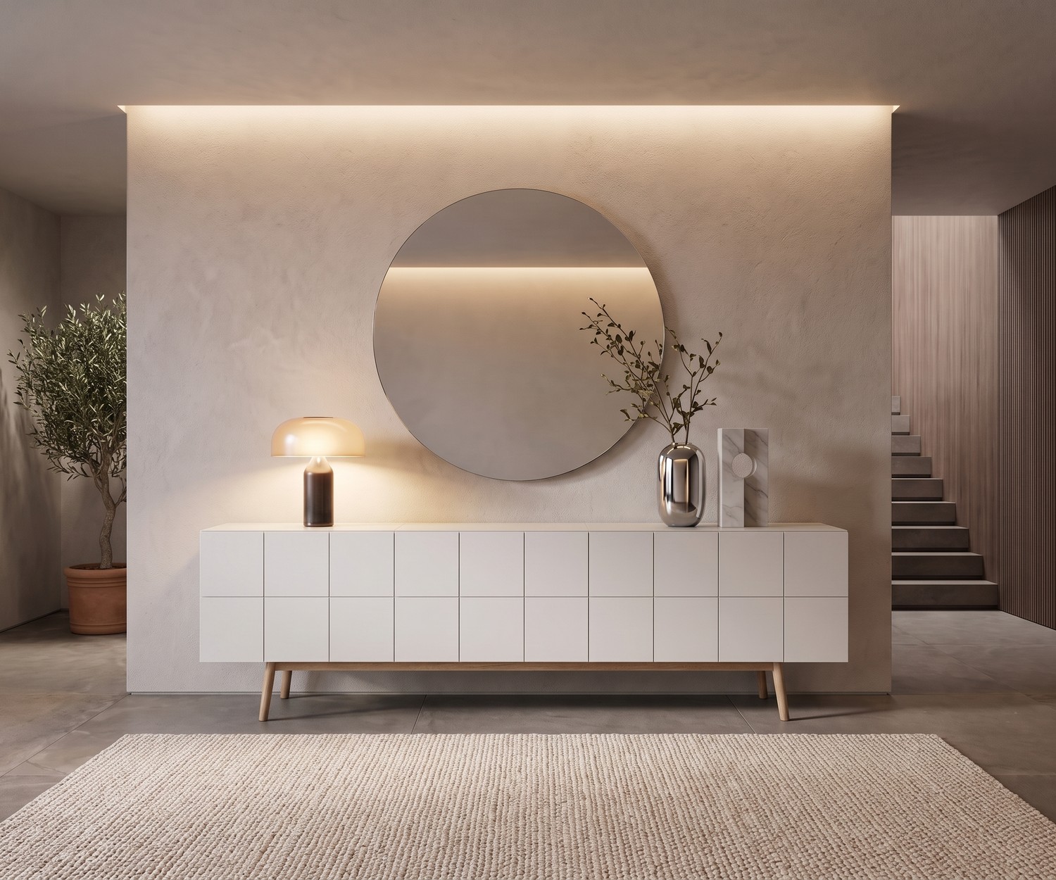 Credenza di design bianca MOS-I-KO 003 B con piedi in legno Credenza design al2 MOS-I-KO 003 B in un ingresso moderno. Madia bianca opaca con piedi in legno e frontale a piastrelle.