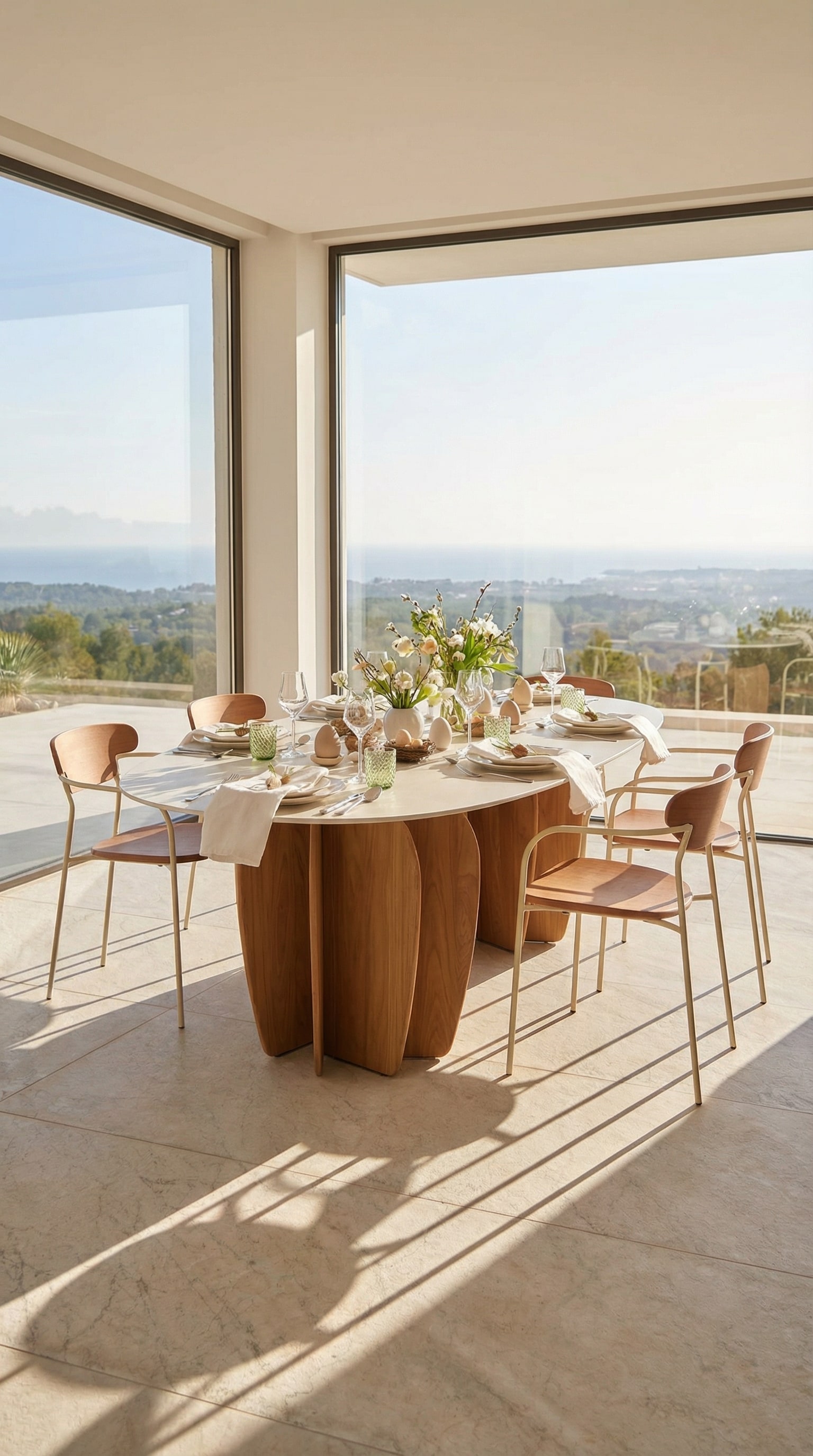 Tavolo da pranzo esterno architettonico su un'elegante terrazza in pietra con ampia vista Tavolo da pranzo esterno architettonico su un'elegante terrazza in pietra con ampia vista