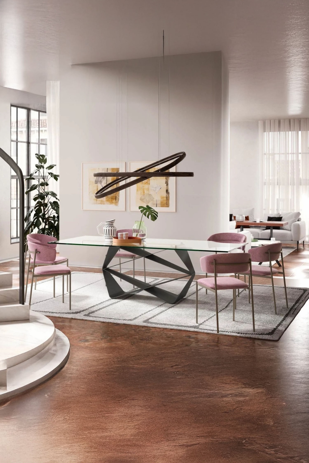zona-pranzo-composta-da-sedie-da-pranzo-rivestite-in-rosa-e-un-tavolo-da-pranzo-con-piano-in-vetro-e-struttura-stravagante