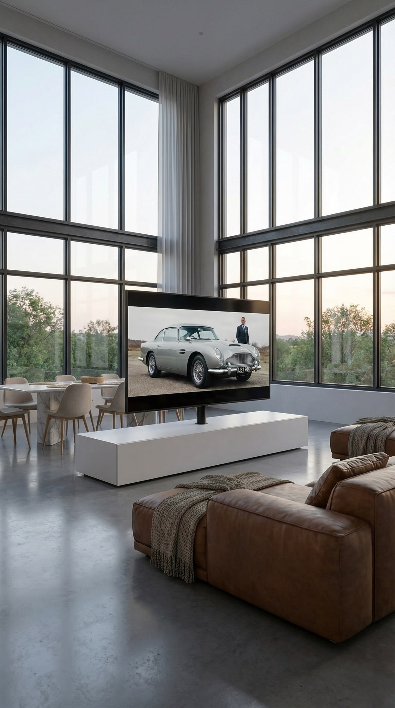 Divisorio TV Livitalia Roto Slim nero indipendente in un grande loft con finestre a tutta altezza Divisorio TV Livitalia Roto Slim nero indipendente in un grande loft con finestre a tutta altezza