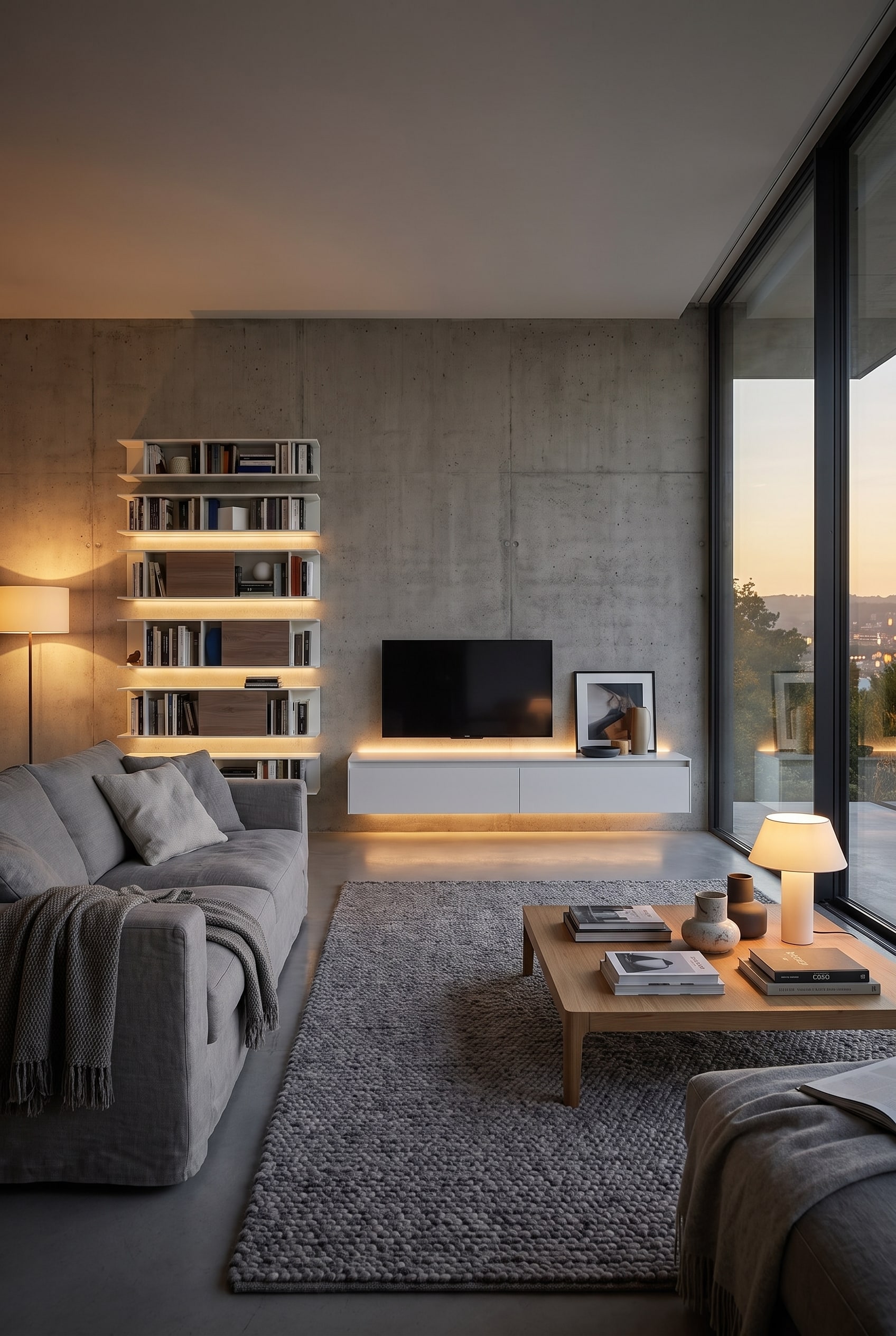 Frontalansicht des Wohnzimmers mit beleuchtetem Wandregal, grauem Sofa und &uuml;berbreitem schwebendem TV-Board.