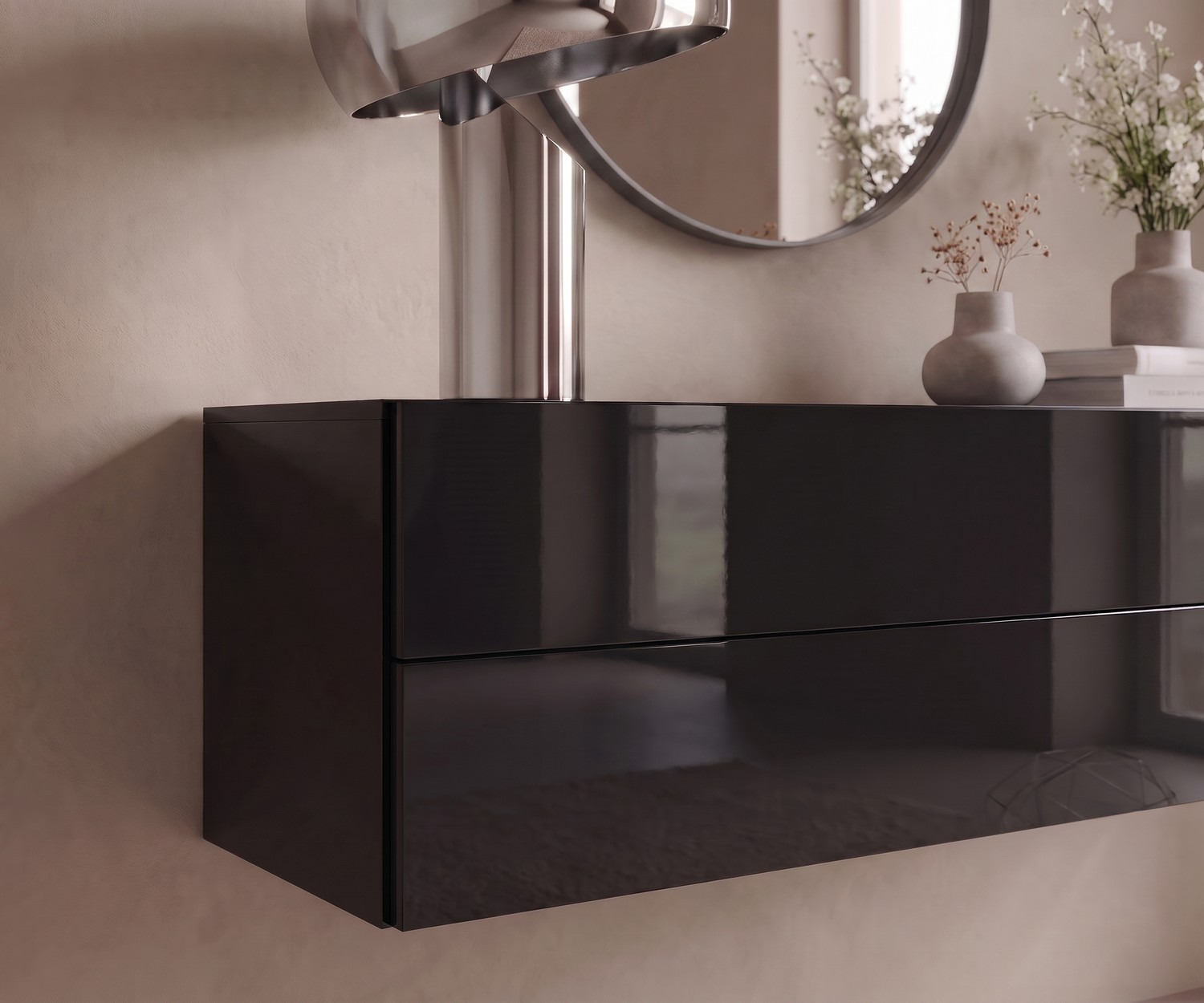 Cassettiera sospesa Novamobili Easy per ingresso, moderna cassettiera a parete nero lucido in stile minimalista.