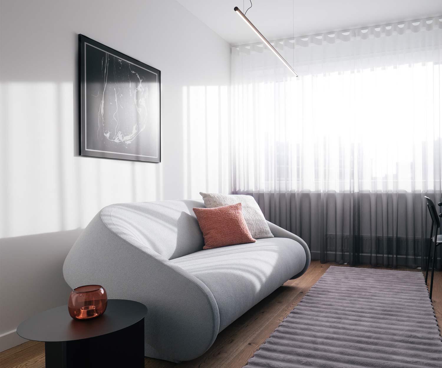 Esclusivo divano letto Prostoria Up Lift con rivestimento in tessuto grigio in salotto